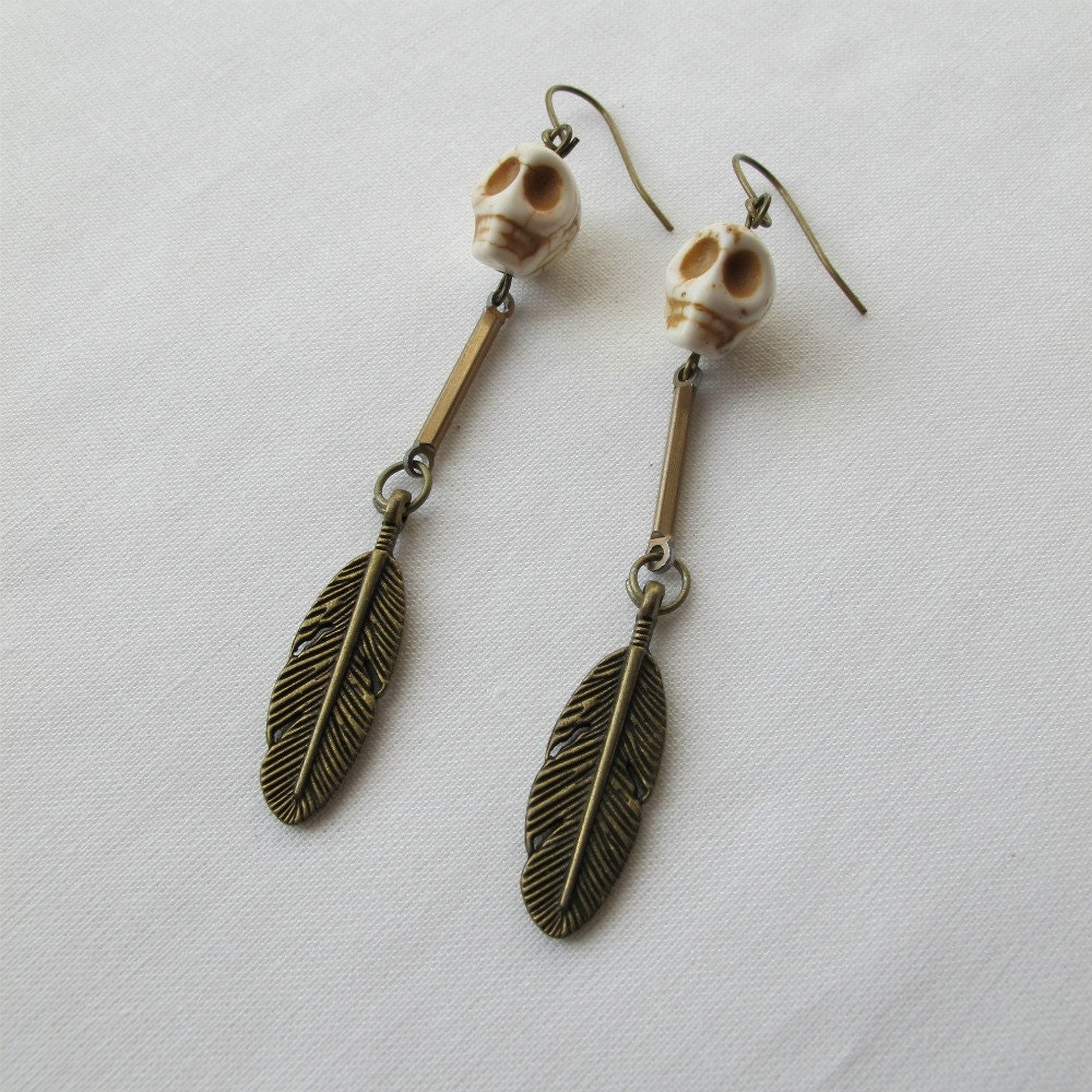skull and feather brass earrings