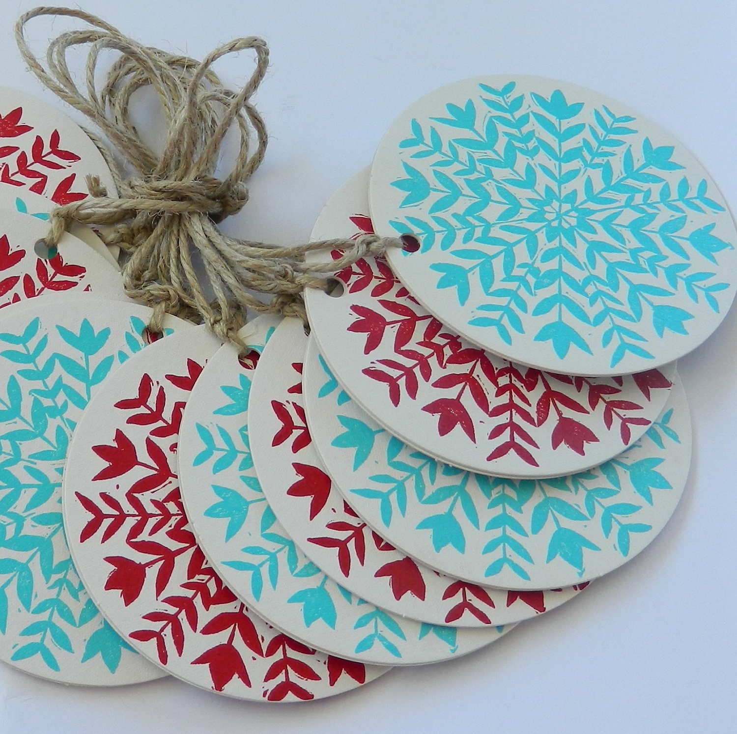 linocut/ letterpress red and aqua Christmas garland