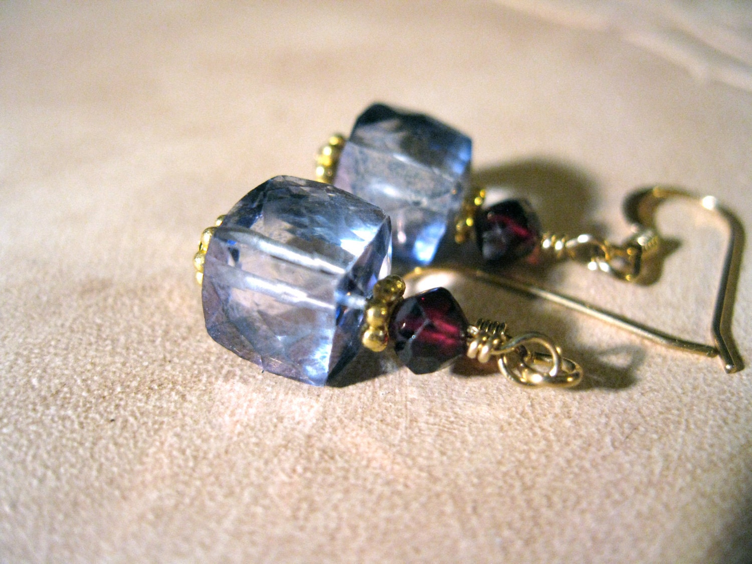 Mystic Blue Quartz, Garnet, Gold Earrings
