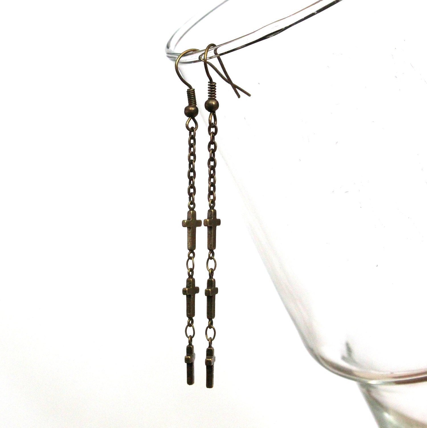 Tiny Triple Cross Earrings in Solid Antique Brass