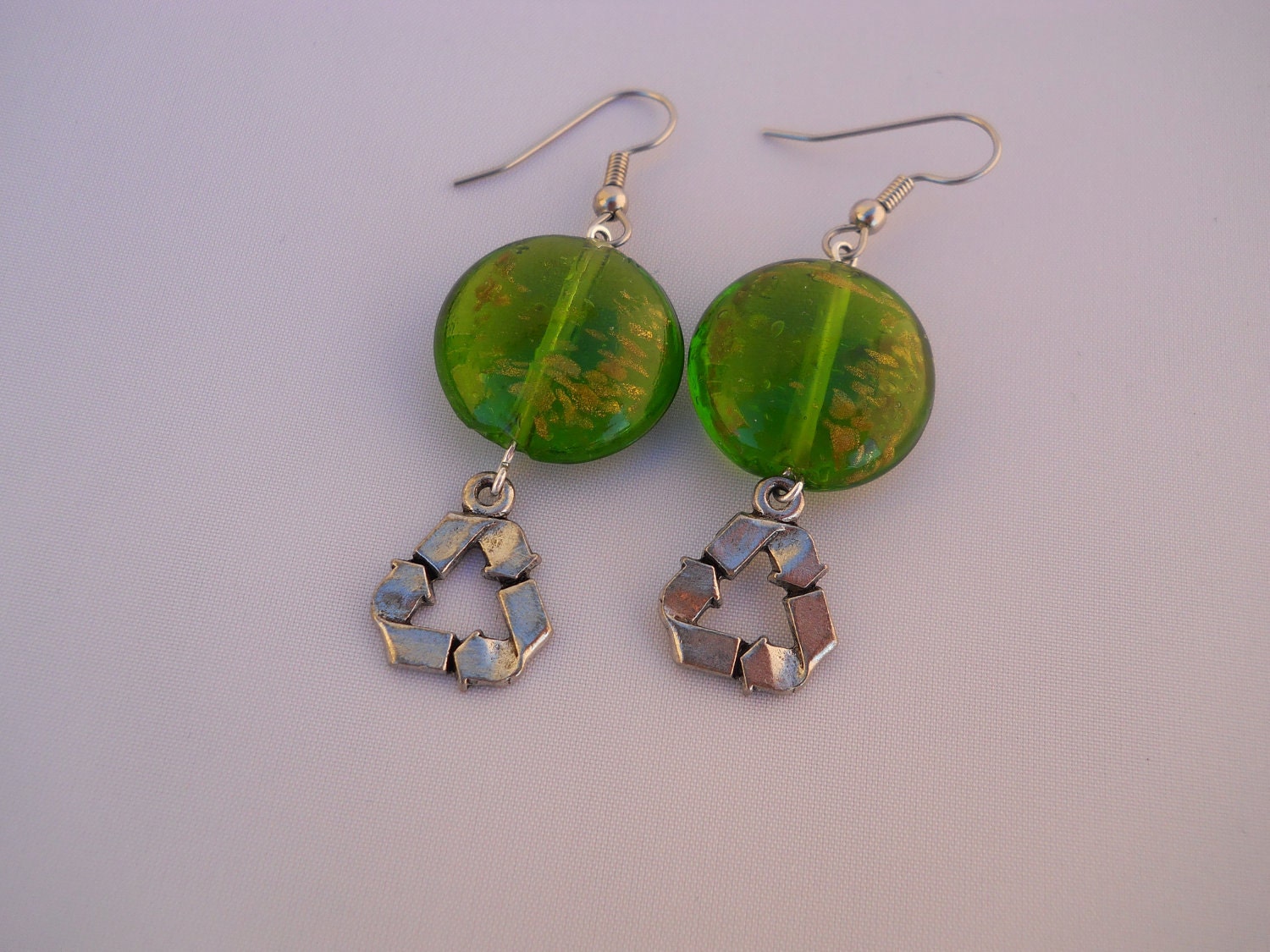 green lampworked glass and recycle charm earrings