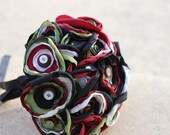 Red Black and Olive Green Satin Button Bouquet