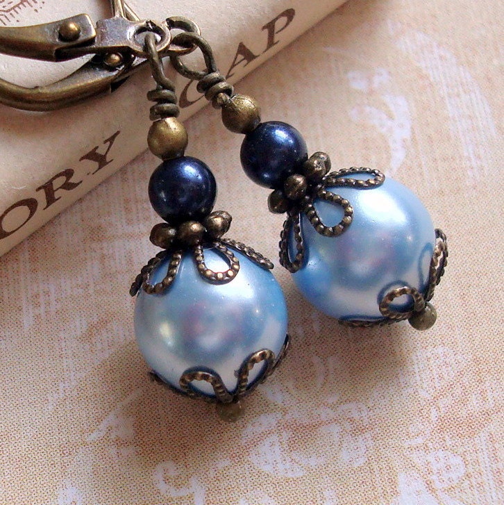 Bronze and Blue Swarovski Pearl Earrings Art Nouveau Style Vintage Inspired, Neo Victorian, Antiqued Brass