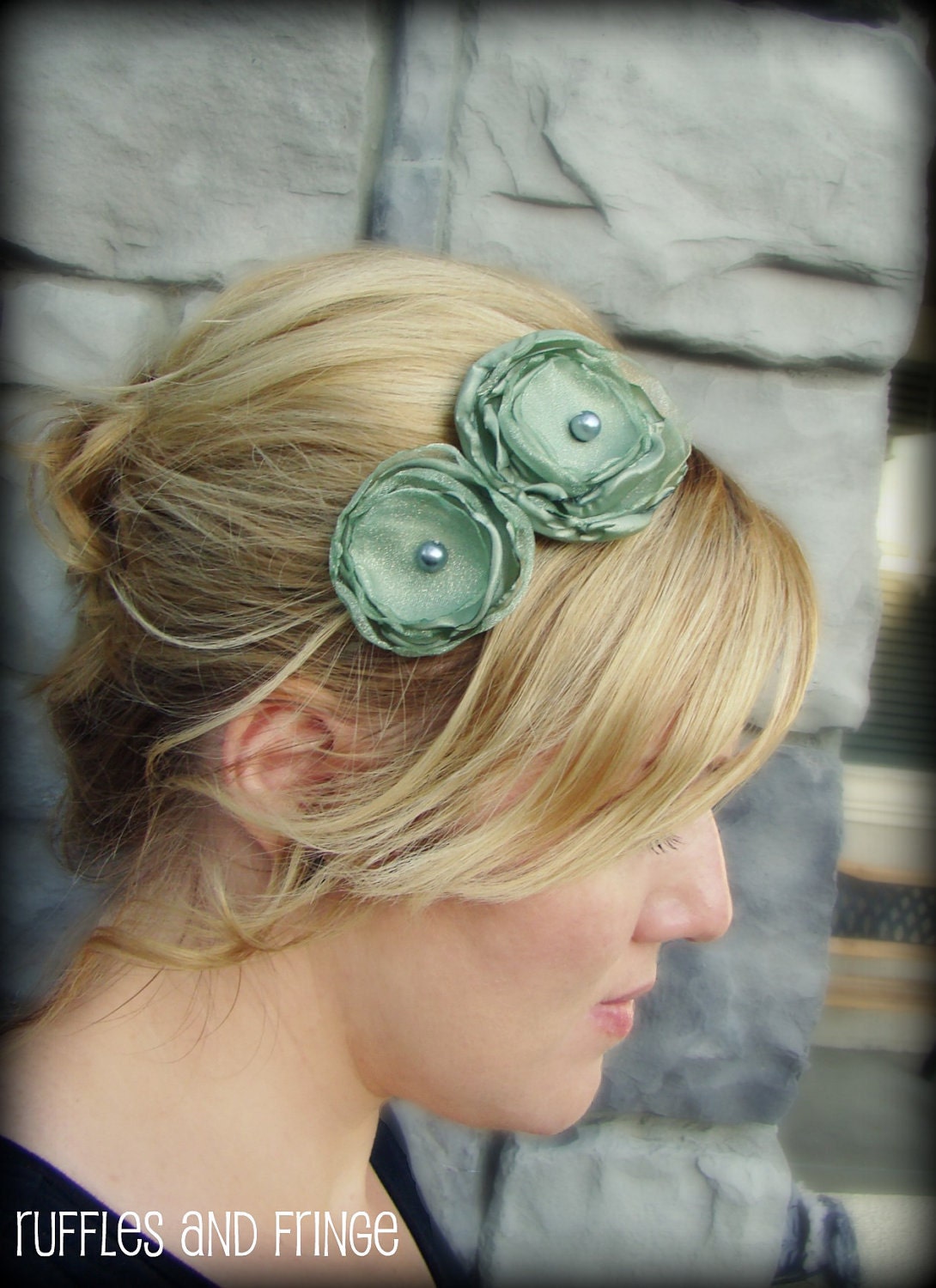 Adult Headband - Soft Sage Green Double Flower Headband for Women and Girls