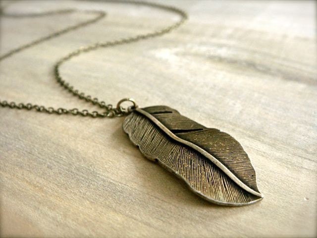 Brass Feather Necklace - LONG 28 inch chain