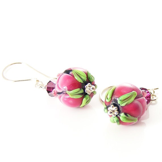 Pink Rosebud Earrings. Lampwork Glass. Sterling Silver Earrings. OOAK Handmade Fuchsia Pink & Green Earrings for Pierced Ears