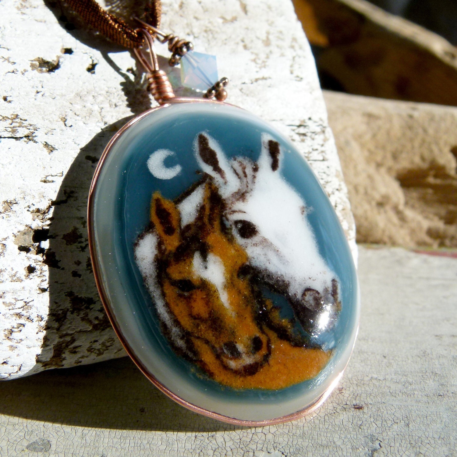 Horses, mom and baby  in the night - Fused glass pendant