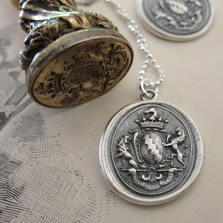 Wax seal necklace Honor Guide My Steps - antique French armorial shield jewelry with rampant lions crown and horse