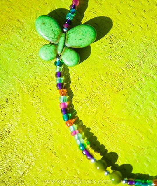 MINI ANGELS  Double Lime Turquoise Butterfly Children's Necklace Delicate Glass Seed Beads Shell Accents Sterling Silver Clasp
