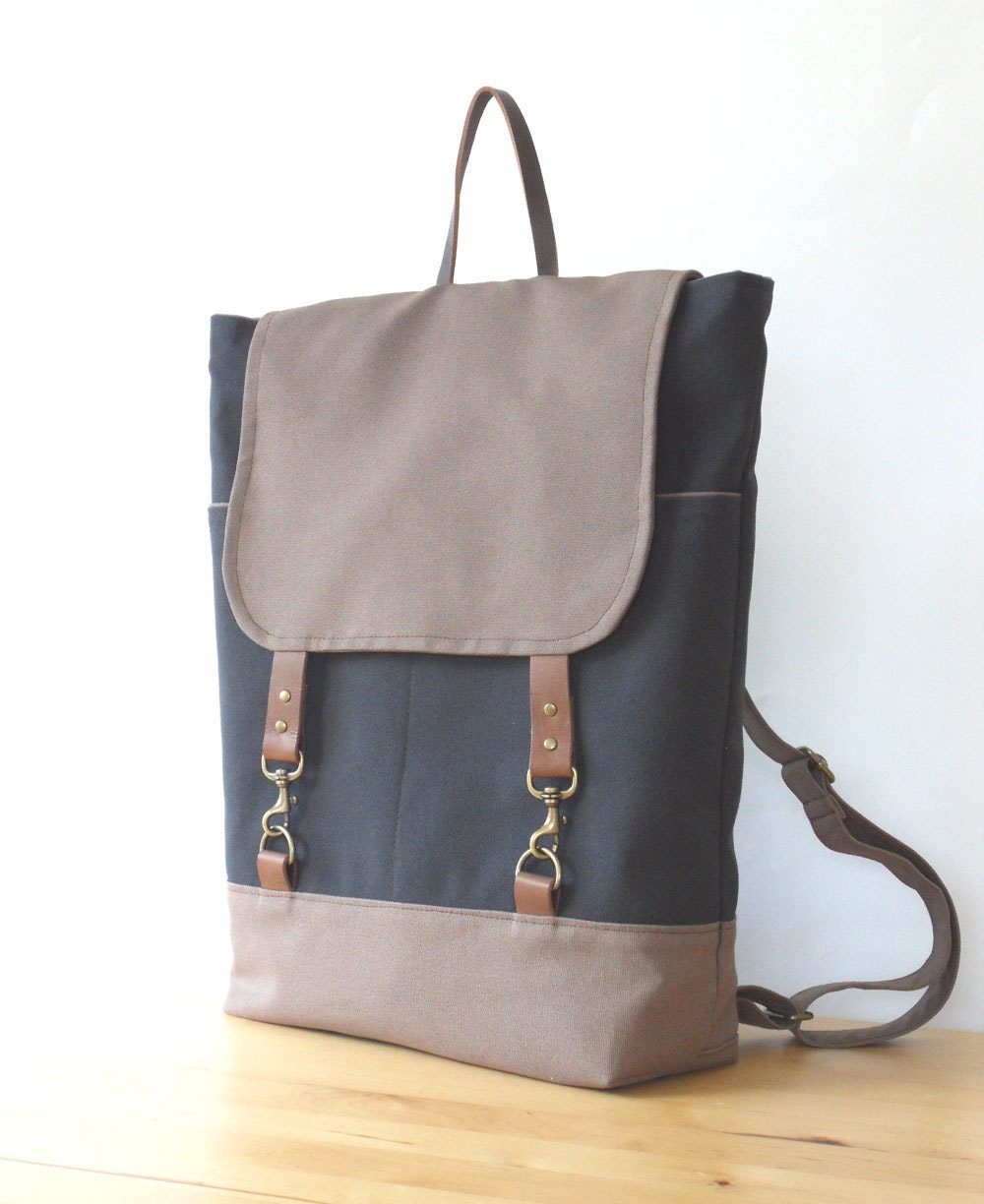 ChocoBrown and GrayNavy Canvas Backpack with antique hook closure,  Unique Design of BagyBag
