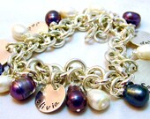 Black and White Pearls - Five Sterling silver Disc Bracelet - Personalized Bracelet HandStamped - Monogrammed Bracelet - Charm Bracelet