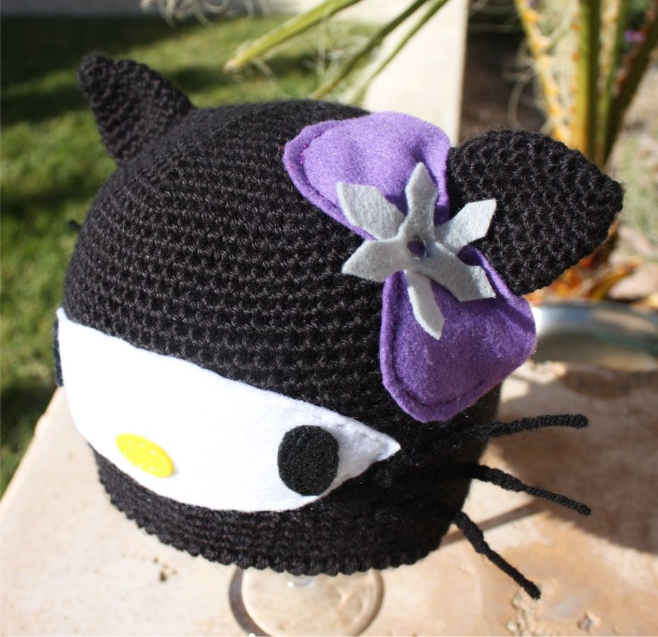 Hello Kitty Ninja -ish Hat : Kawaii Sanrio Anime Japanese- ish Handmade Crochet Beanie Hat