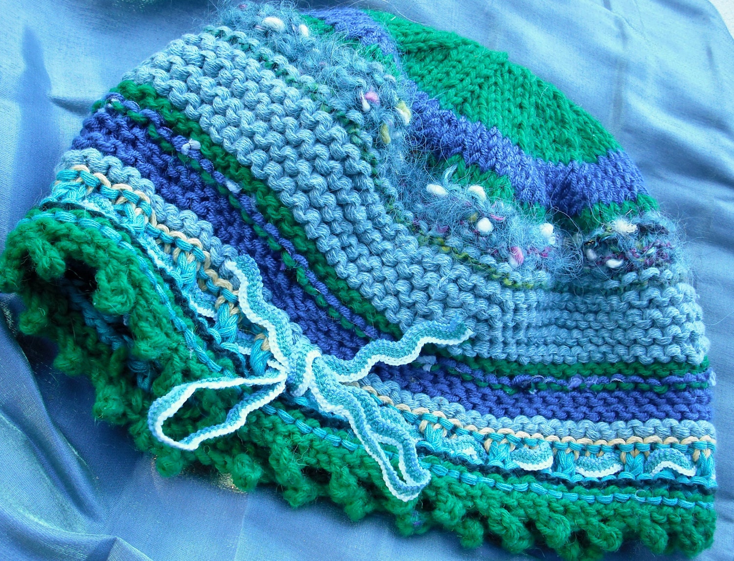 Blue and Green Striped Hand Knit Hat with Matching Ribbon