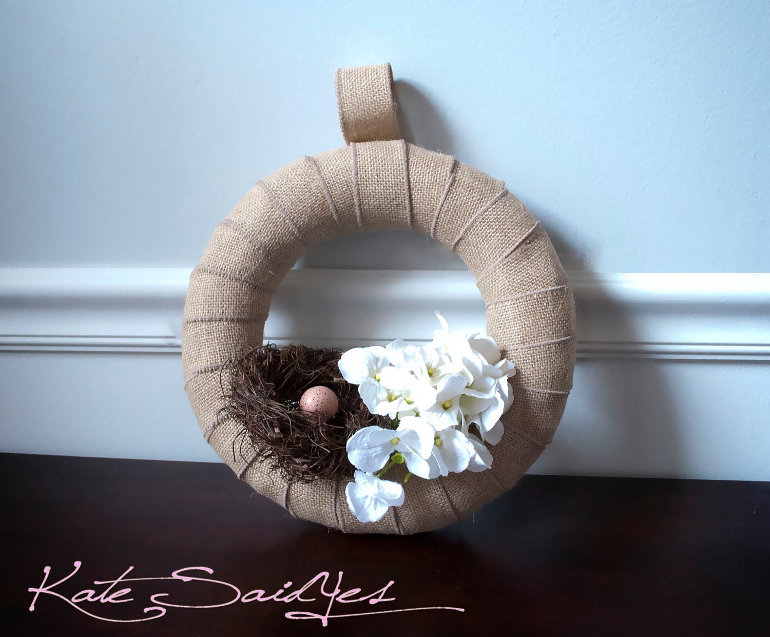 Burlap Wreath - Hydrangea and Bird Nest Burlap Wedding Wreath - Rustic Wedding Decoration