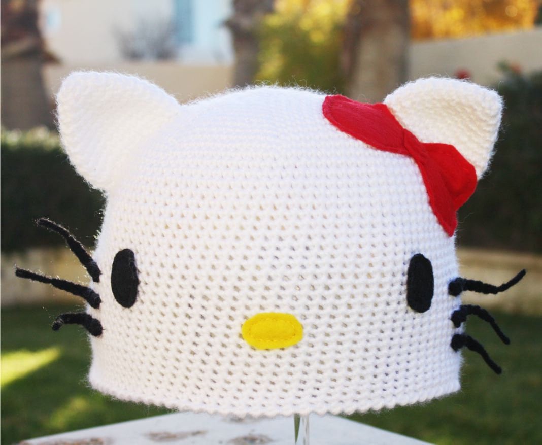 Hello Kitty -ish Hat : Kawaii Sanrio Anime Japanese- ish Handmade Crochet Beanie Hat