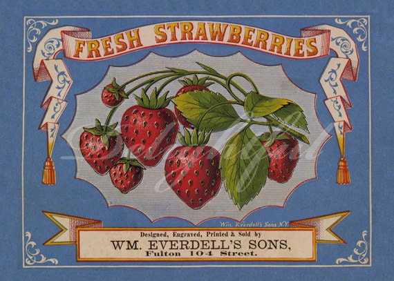 Strawberry Fruit Crate Label Restored Reproduction Vintage Print Kitchen 8 x 10