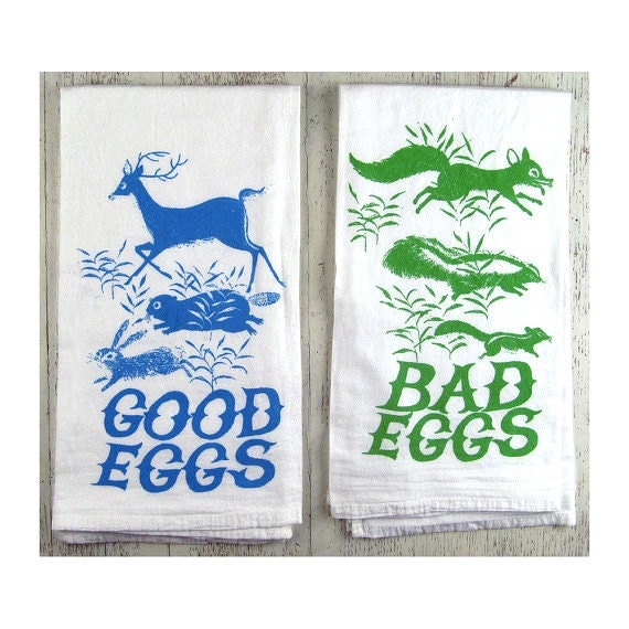 Good Eggs, Bad Eggs tea towel set. flour sack cotton. screenprint.