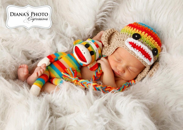 Newborn Rainbow & Tan Sock Monkey Earflap Hat with Matching Doll - Photography Prop