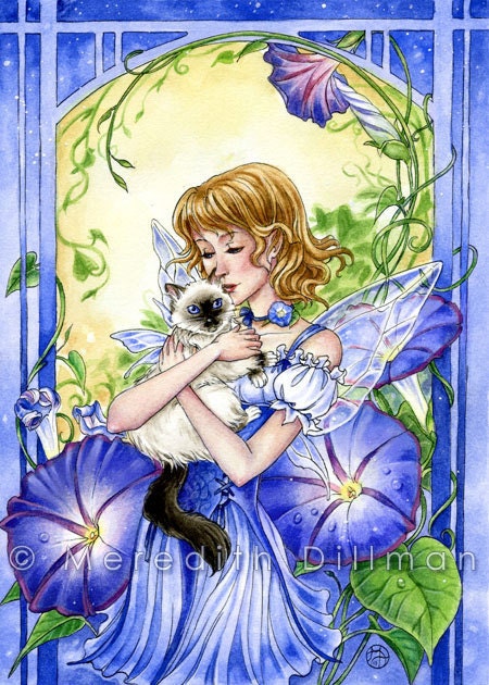 Fairy and Birman Cat art print 5x7 blue Morning Glory Flower by Meredith Dillman