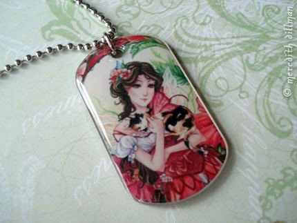 Hibiscus Fairy and calico cat dog tag id necklace - Double Sided -