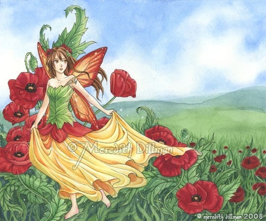 8x10 Poppies Red Poppy Fairy girl art print by Meredith Dillman