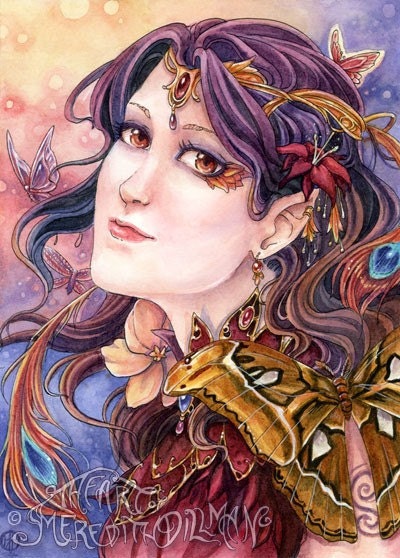 Original watercolor painting  - Phoenix Eyes Butterfly Moth Fantasy Woman