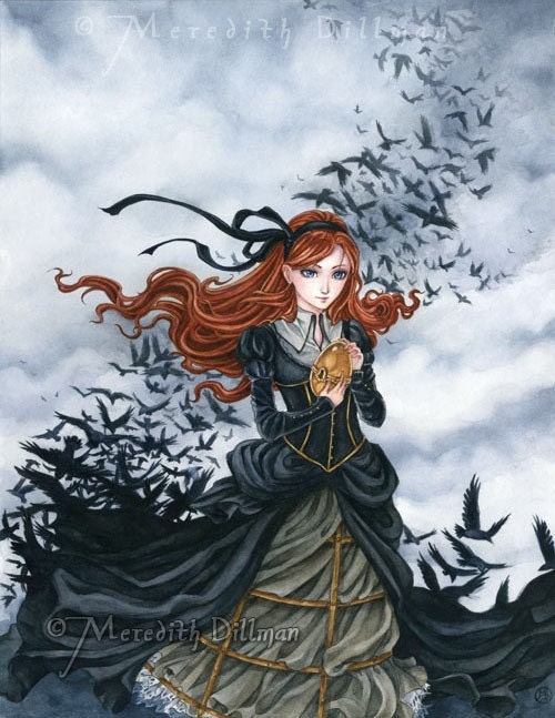 Victorian Steampunk girl Ravens Treasure big eye anime giclee art print 13x19