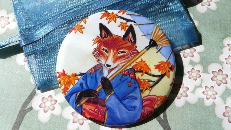 Kitsune. Red Fox Art. Autumn Pocket Mirror. stocking stuffer