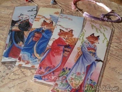 Foxes bookmark set with seasonal kimono kitsune by Meredith Dillman