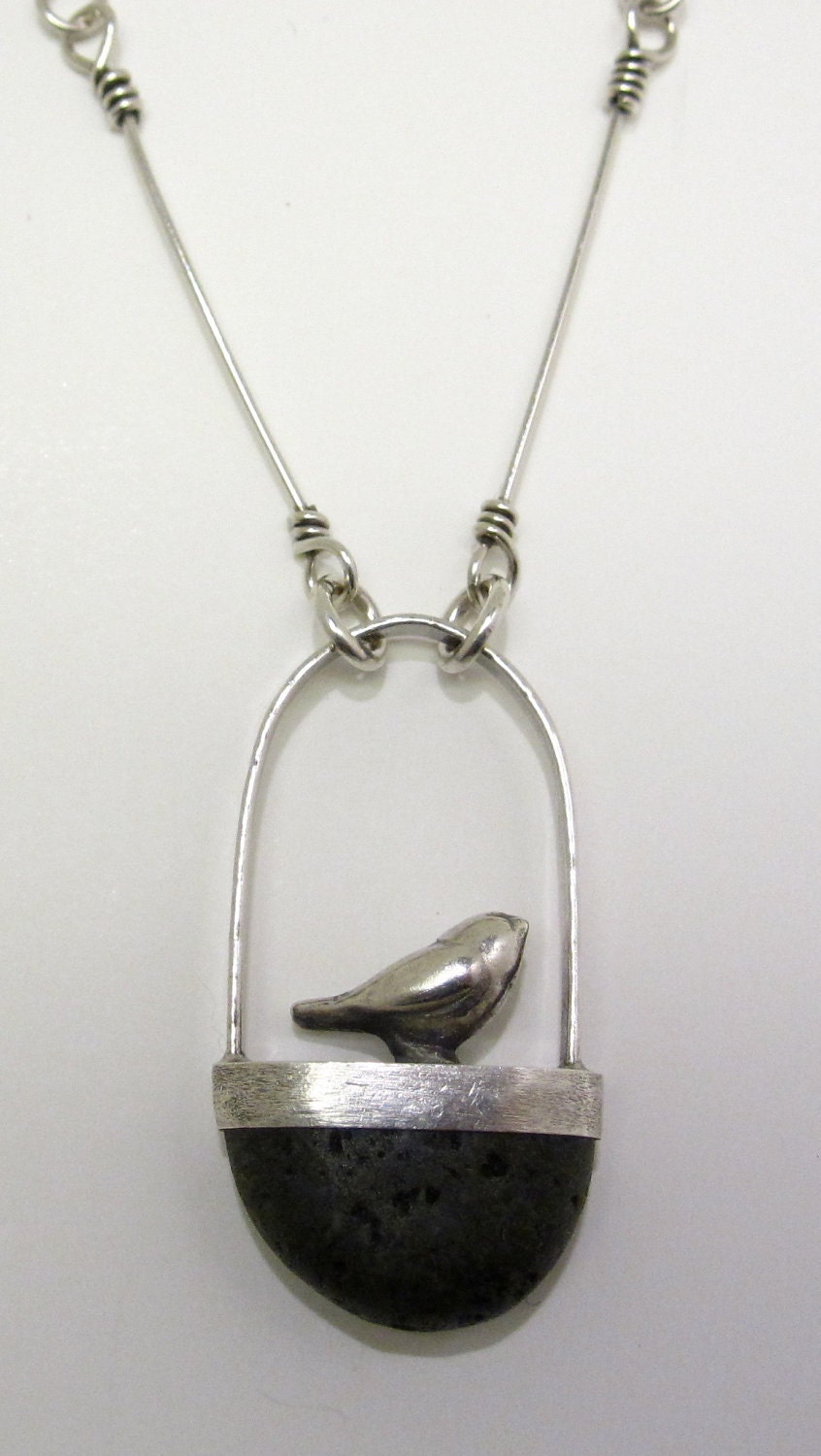 Silver Bird on cut Ocean Stone With Hand Made Chain