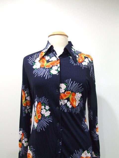Vintage Blouse Blue Blouse Long Sleeve Shirt with Butterflies - M/L