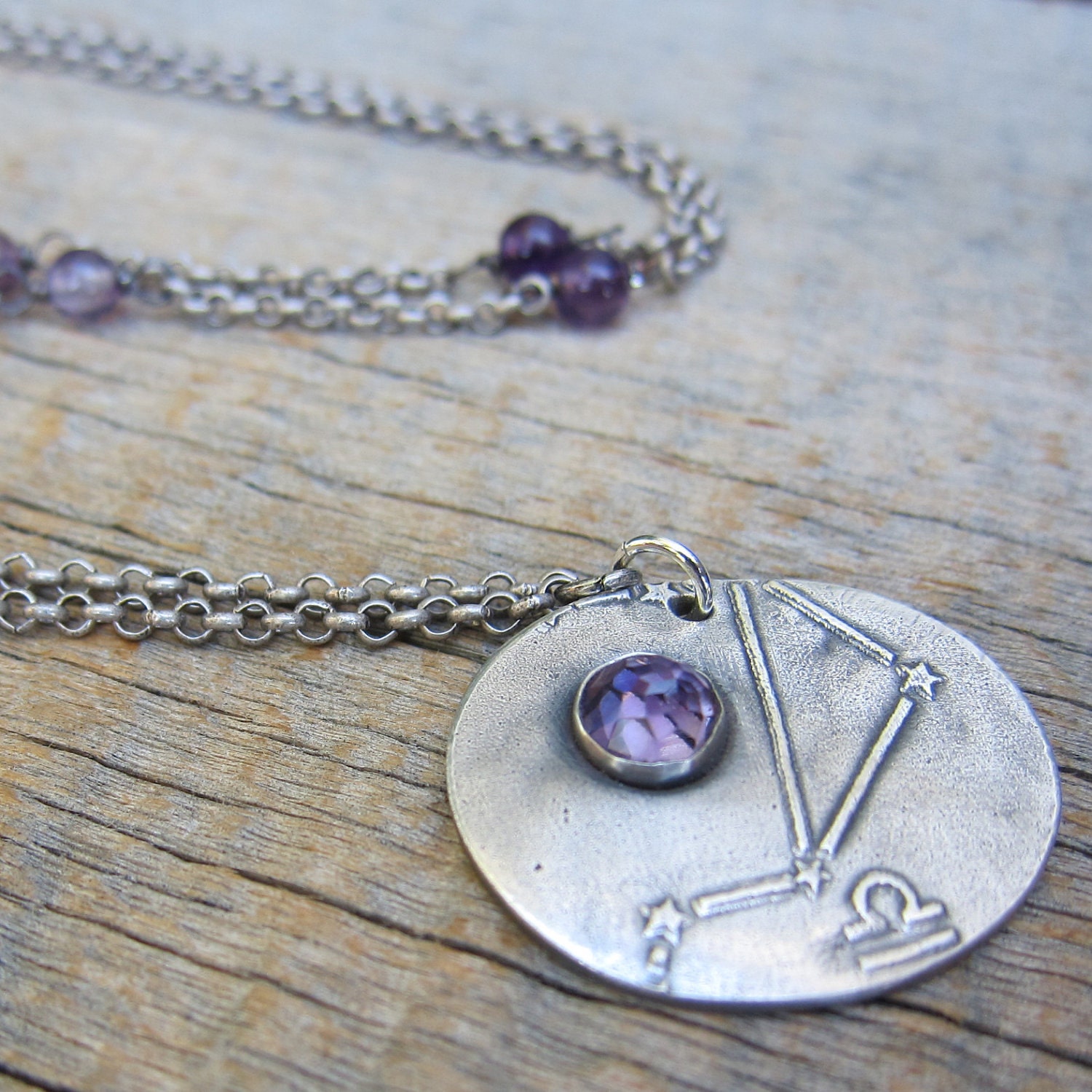 Constellation Libra Necklace ... Fine Silver Bezel Setting Zodiac Pendant