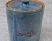 Weathered Blue Decal Lidded Canister Stoneware Pottery