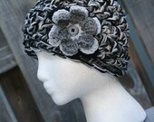 Gray Cloche hat crochet flower and button accent hat in beautiful autumn colors of grey, silver and black