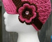 Pink Brown hat with flower & pink button crochet newsboy beanie warm weather summer hat open weave