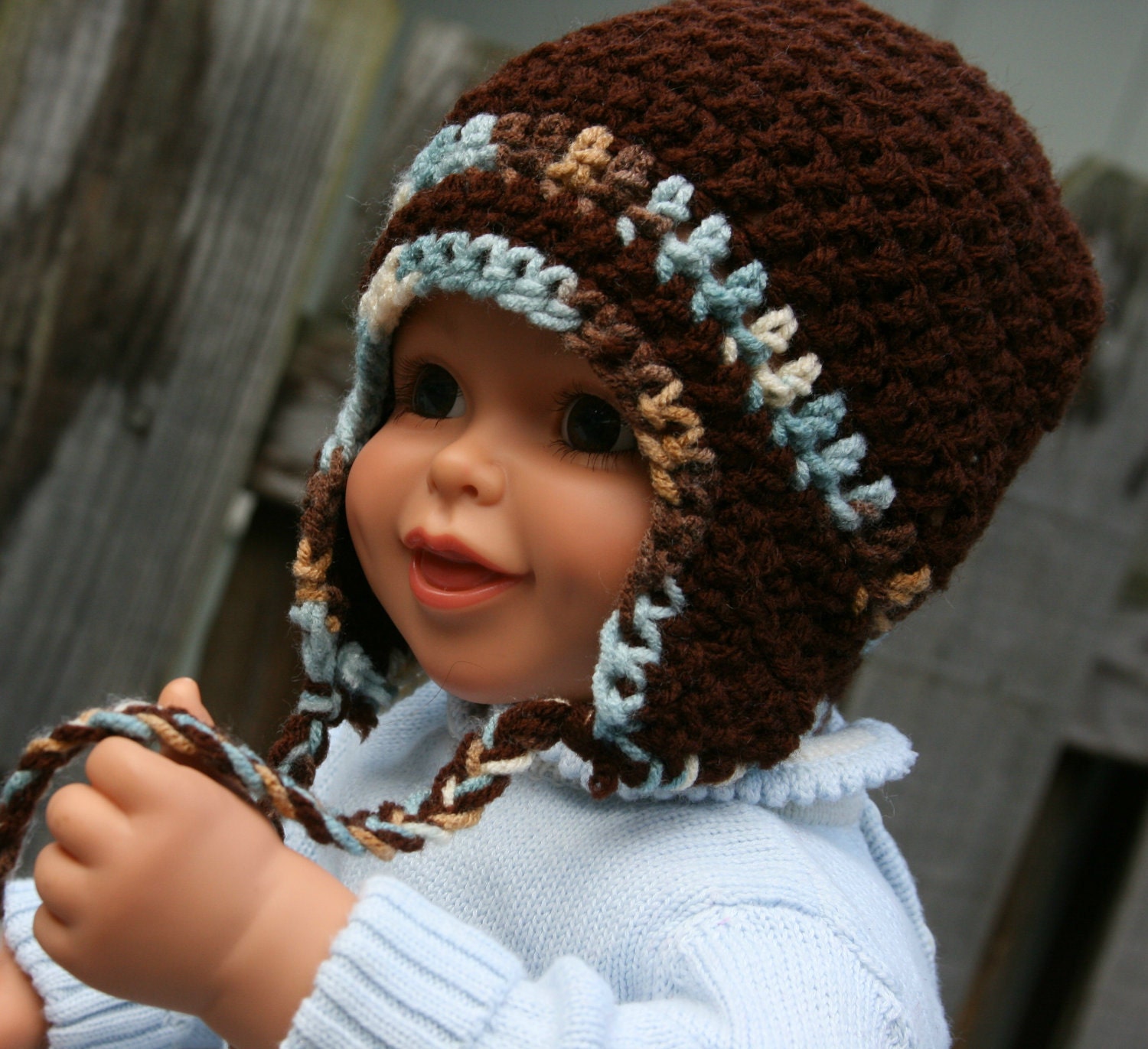 Baby Boy hat earflap crocheted in blue camo, tan and brown 0-3 months Only one available