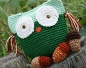 Crochet Owl toy decor with 3 amigurumi acorns. In beautiful shade of fall green, brown, rust, tan and orange.