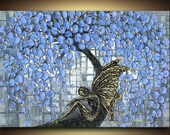 Fantasy Black Fairy under Blue Cherry Blossoms Tree Fine Art PRINT