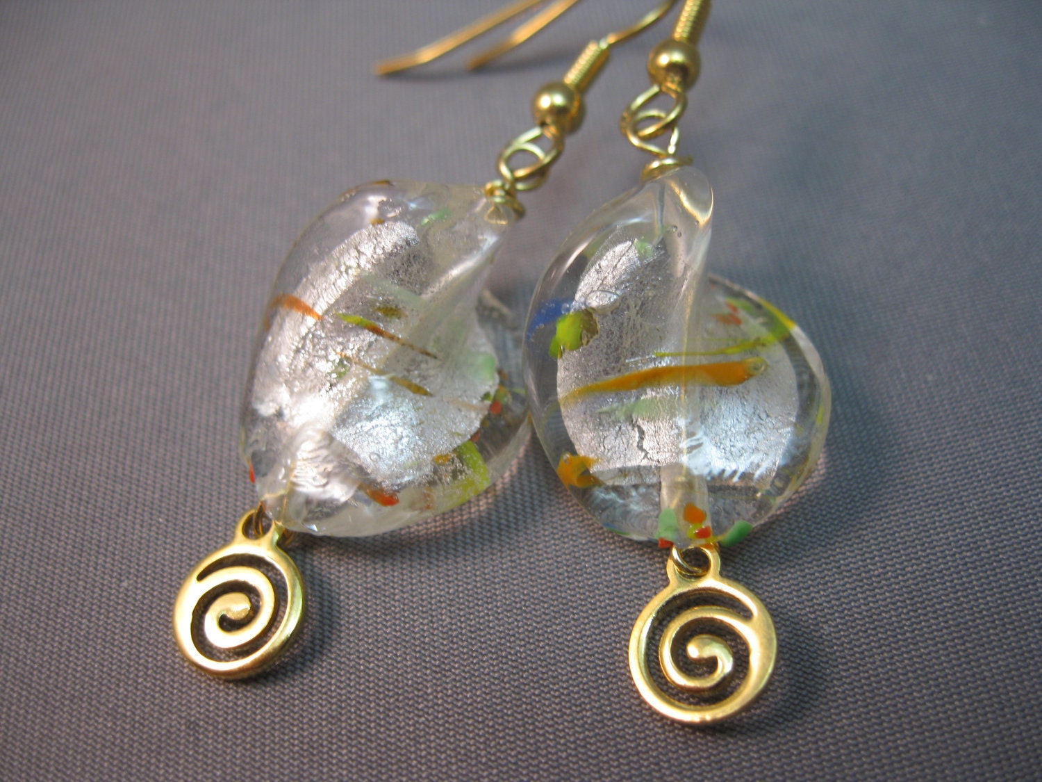 Gold and Silvery Confetti Lampwork Glass Bead Earrings
