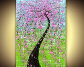Large Modern pink cherry blossoms tree on green turquoise- by Susanna 24x36 FINE ART PRINT