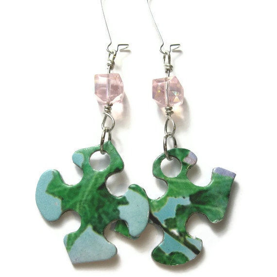Puzzle me THIS... Pink Beads and Blue/Green Puzzle Pieces Earrings