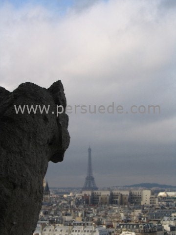 Notre Dame Gargoyle - View of Eiffel Tower, Paris France
