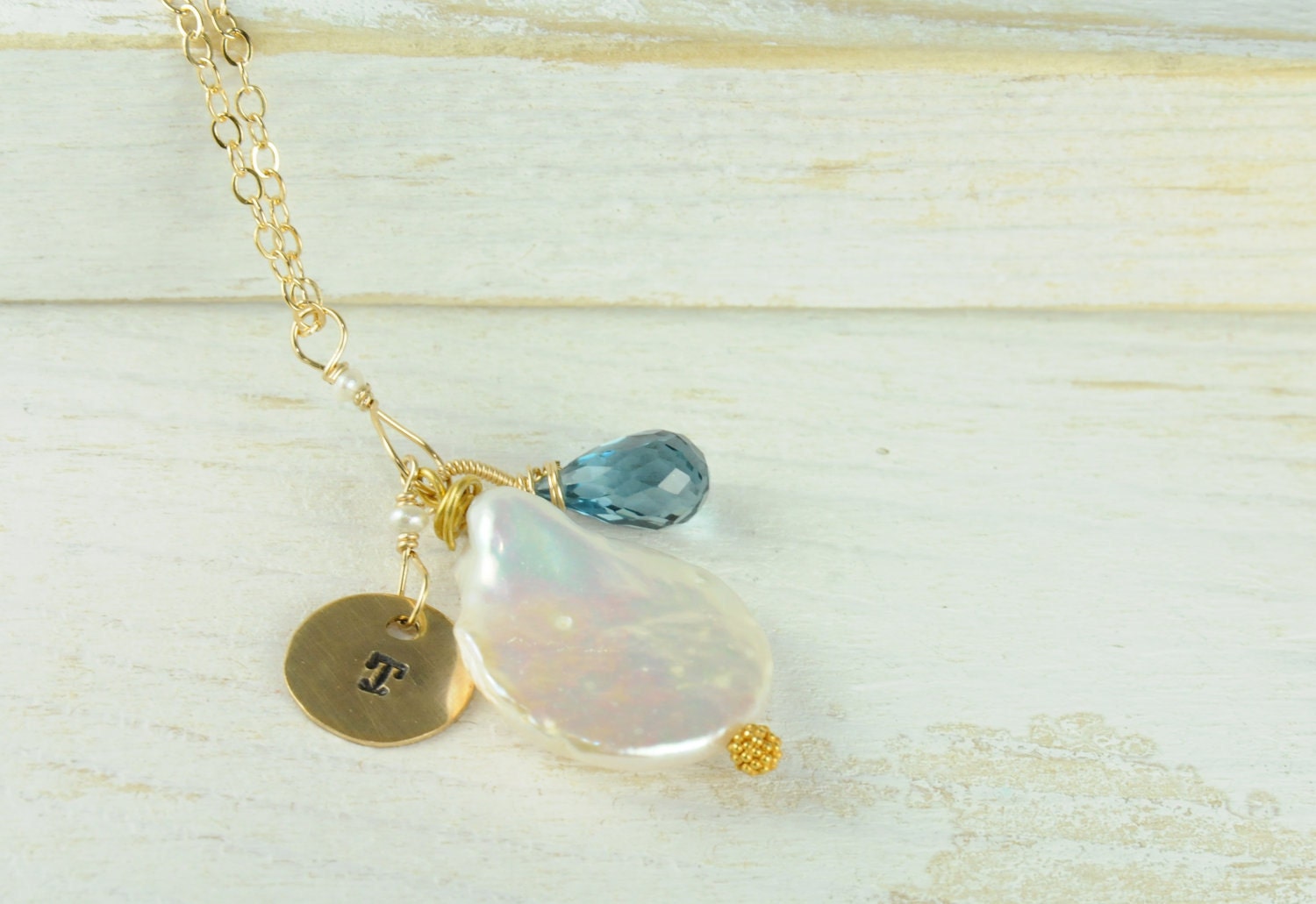 Personalized Initial Charm Neckalce , Bridal Jewelry, Bridesmaid, gift, with pearls and London Blue Topaz Necklace