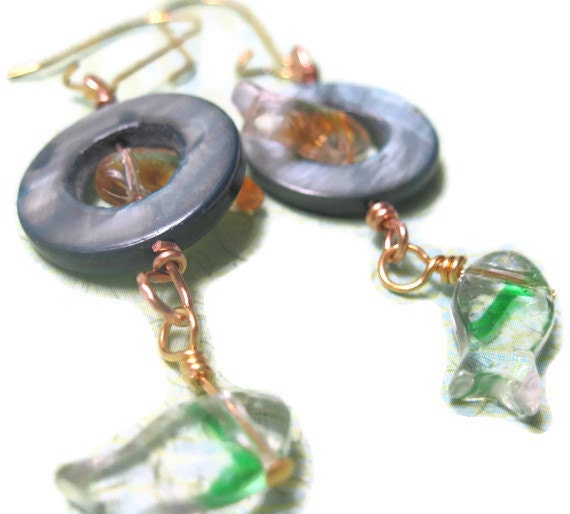 Green Yellow and Teal Shell and Glass Fish Earrings