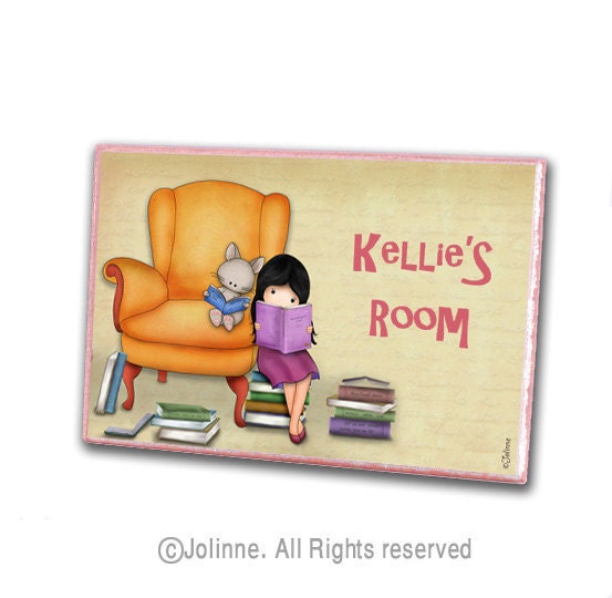 Personalized name door sign for girls room, reading room door hanger , library , original illustration reproduction