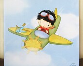 Painting reproduction print of Boy flying an airplane , print on canvas , nursery wall art