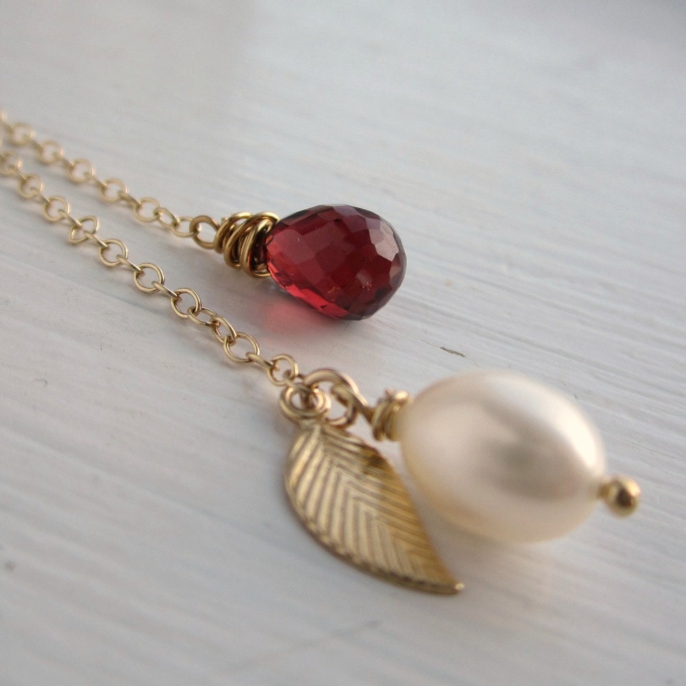 January birthstone necklace, garnet, pearl necklace on gold filled chain - Sprout