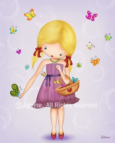 Children art print, girls room decor, baby nursery art, purple kids art, girl, butterflies, colorful child art