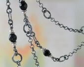 Flapper Necklace. Long Sterling Silver Black Onyx Oxidized Flapper Chain