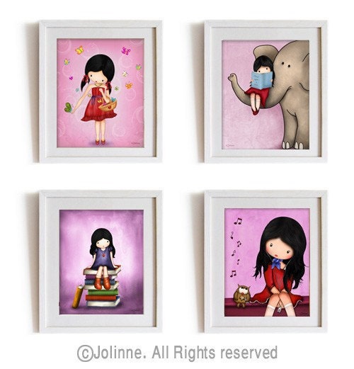 Girls wall art prints, nursery wall decor, original illustrations , elephant , owl , books , on sale - Set of 4 prints